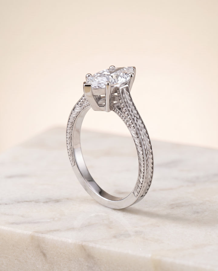 The Aida Hand Engraved Vintage Cathedral Solitaire Marquise Engagement Ring Setting in Platinum