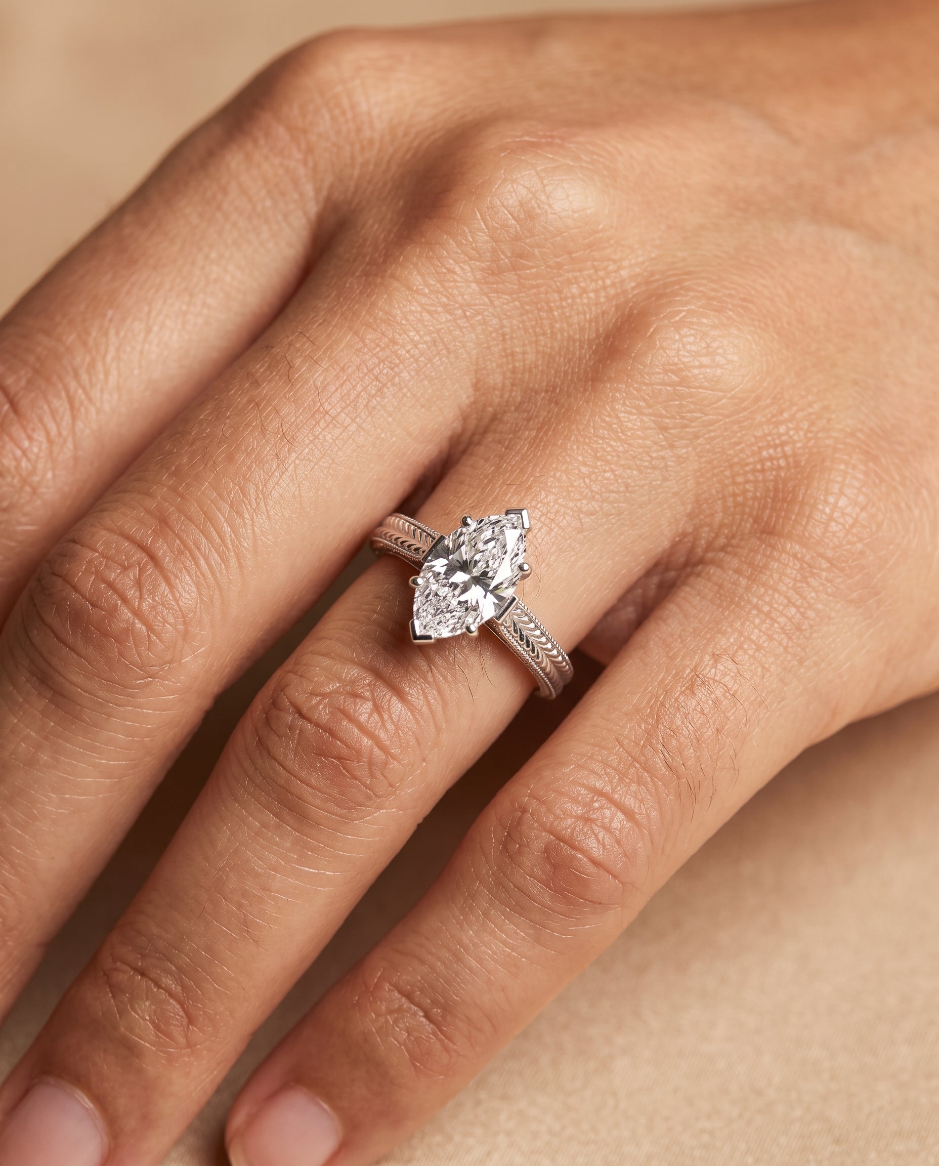 The Aida Hand Engraved Vintage Cathedral Solitaire Marquise Engagement Ring Setting in 18K White Gold