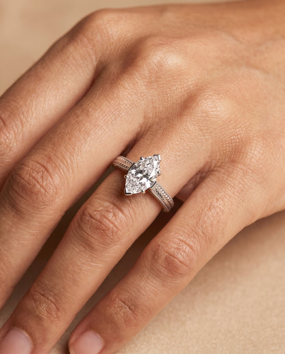 The Aida Hand Engraved Vintage Cathedral Solitaire Marquise Engagement Ring Setting in Platinum