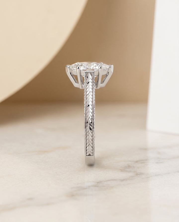 The Aida Hand Engraved Vintage Cathedral Solitaire Marquise Engagement Ring Setting in Platinum
