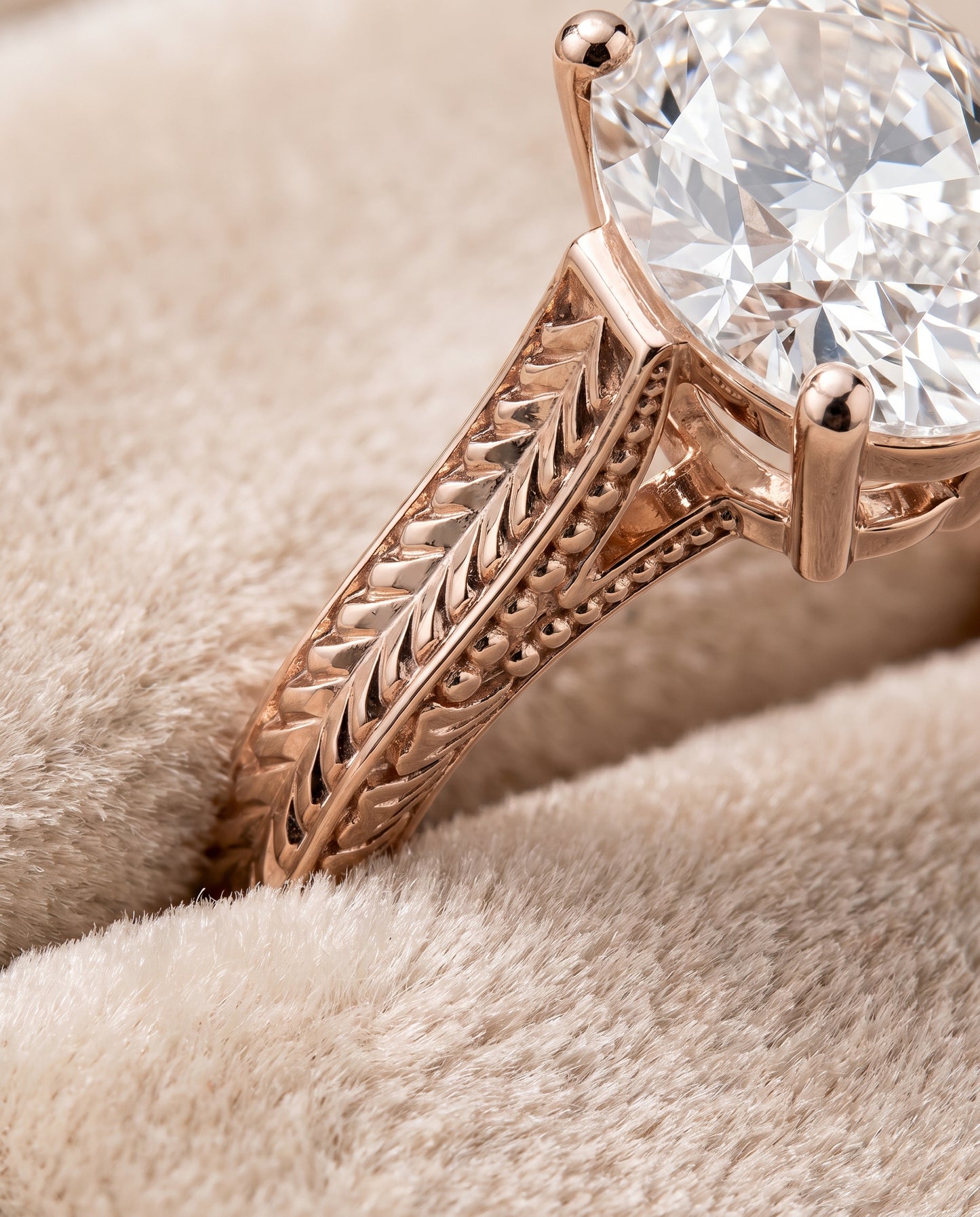 The Aida Hand Engraved Vintage Cathedral Solitaire Oval Engagement Ring Setting in 14K Rose Gold