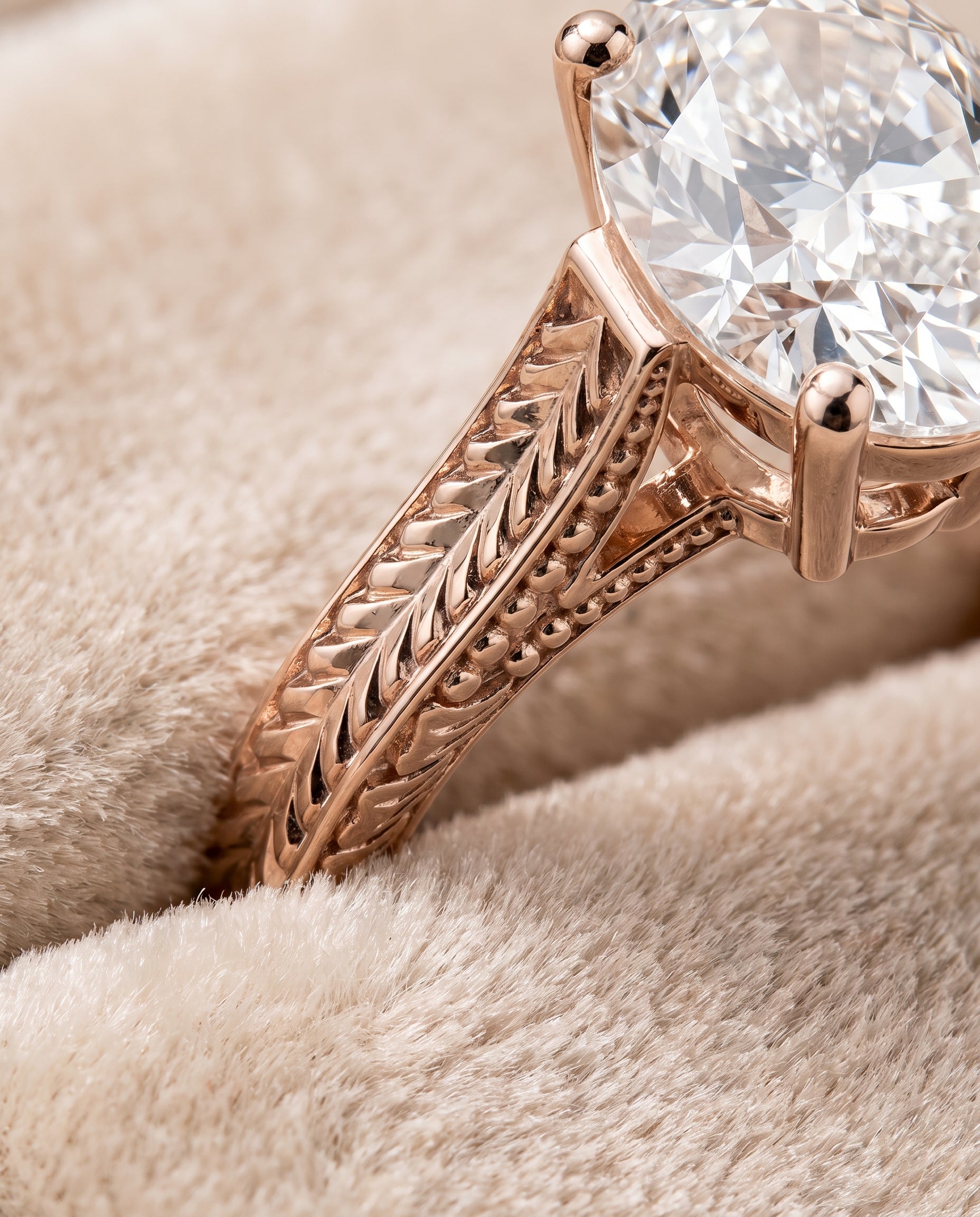 The Aida Hand Engraved Vintage Cathedral Solitaire Oval Engagement Ring Setting in 14K Rose Gold
