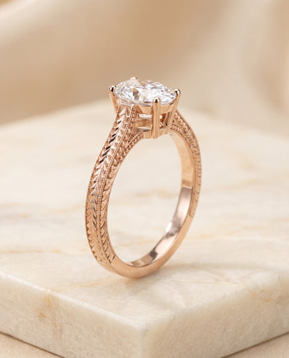 The Aida Hand Engraved Vintage Cathedral Solitaire Oval Engagement Ring Setting in 14K Rose Gold