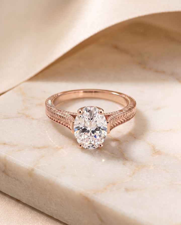 The Aida Hand Engraved Vintage Cathedral Solitaire Oval Engagement Ring Setting in 14K Rose Gold
