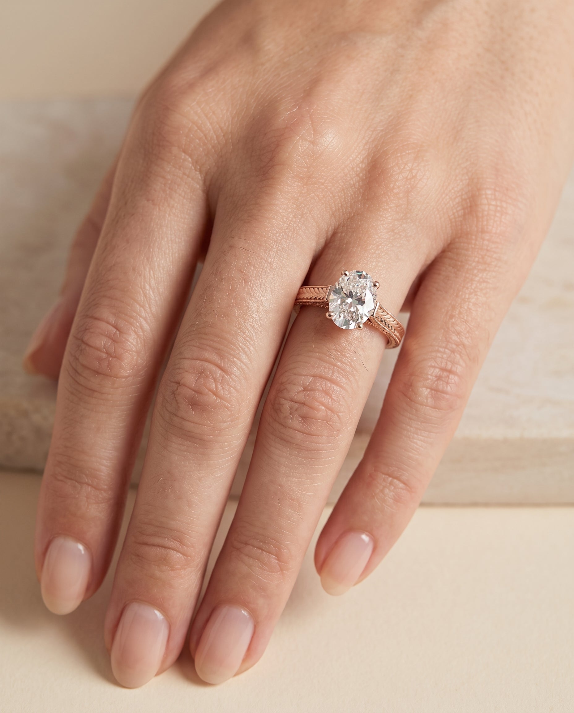 The Aida Hand Engraved Vintage Cathedral Solitaire Oval Engagement Ring Setting in 14K Rose Gold