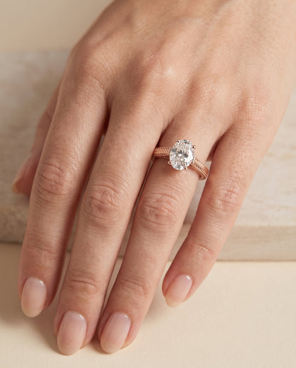 The Aida Hand Engraved Vintage Cathedral Solitaire Oval Engagement Ring Setting in 14K Rose Gold