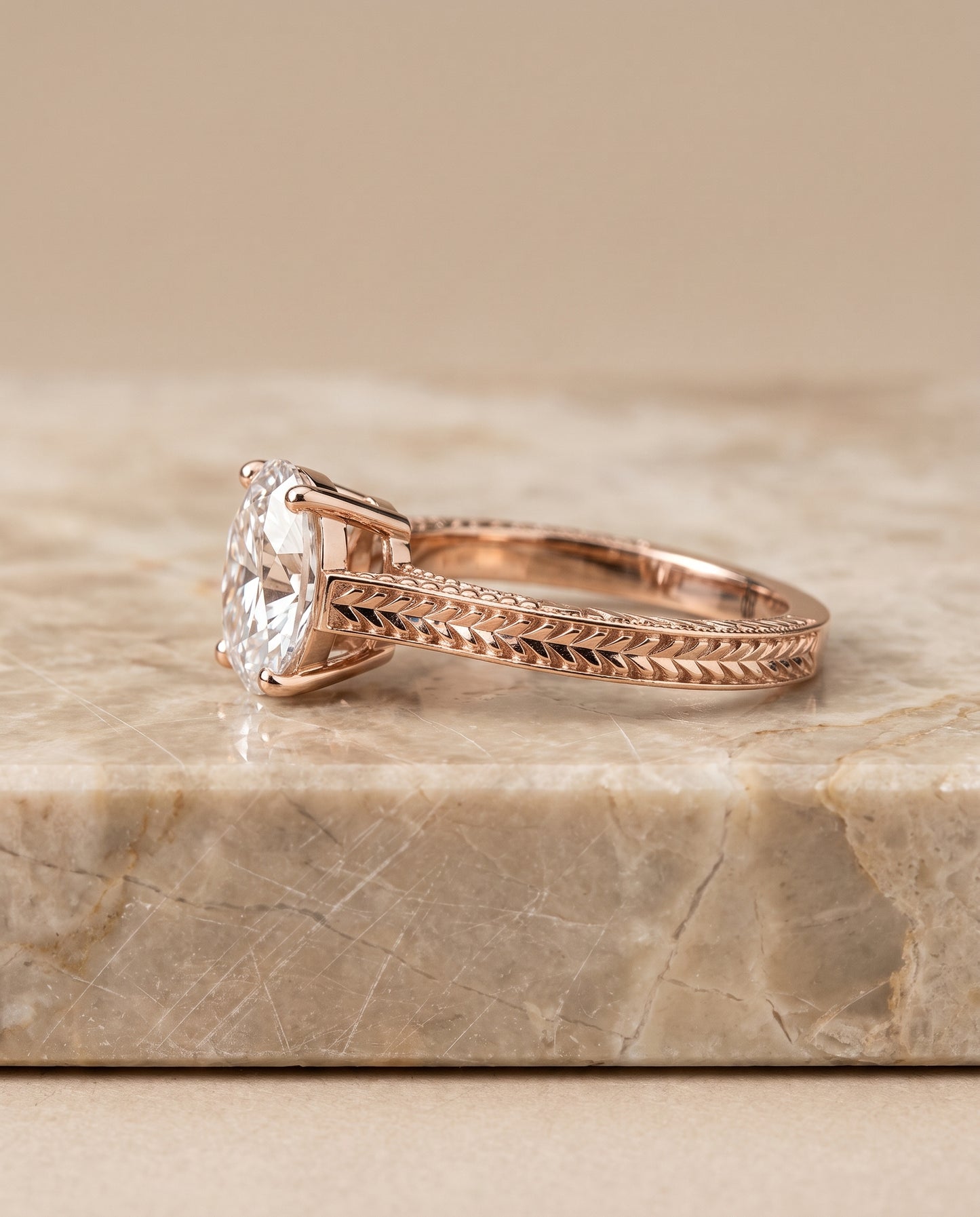 The Aida Hand Engraved Vintage Cathedral Solitaire Oval Engagement Ring Setting in 14K Rose Gold