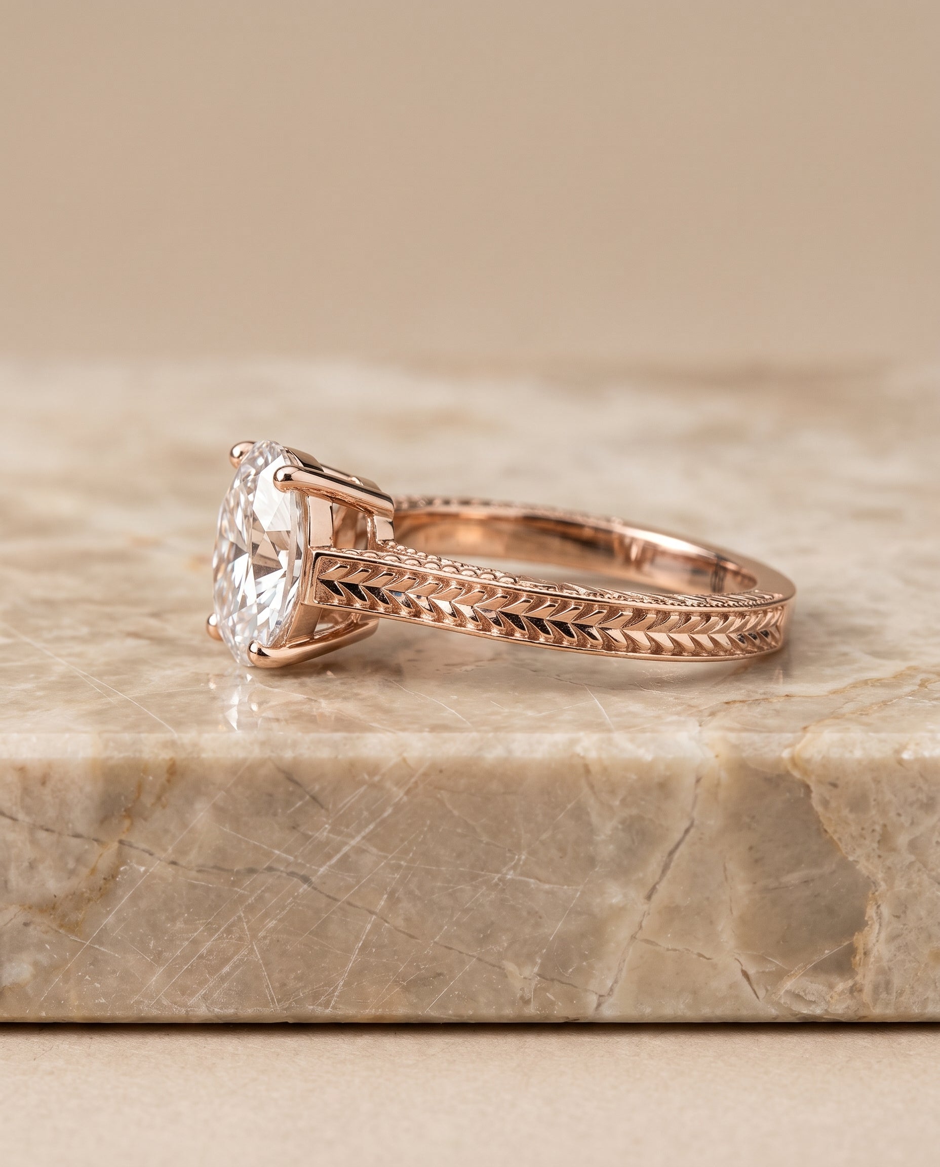 The Aida Hand Engraved Vintage Cathedral Solitaire Oval Engagement Ring Setting in 14K Rose Gold