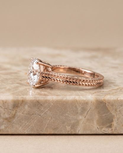The Aida Hand Engraved Vintage Cathedral Solitaire Oval Engagement Ring Setting in 14K Rose Gold