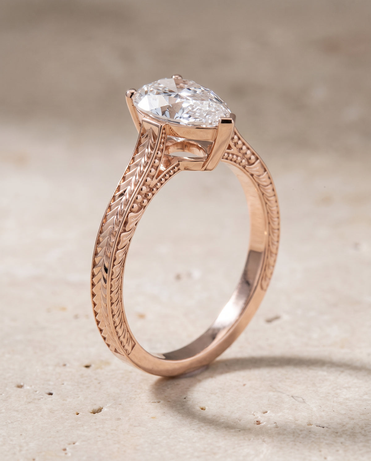The Aida Hand Engraved Vintage Cathedral Solitaire Pear Engagement Ring Setting in 14K Rose Gold
