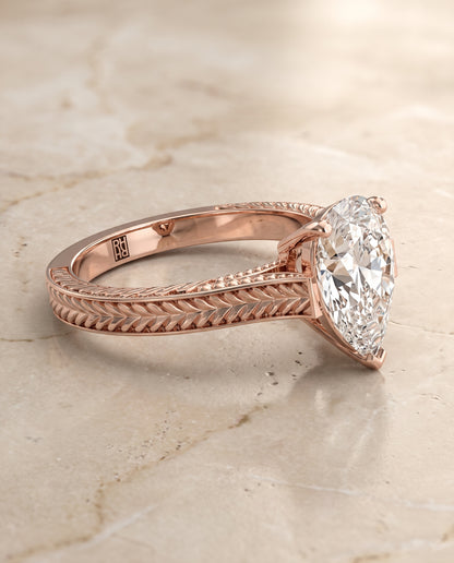 The Aida Hand Engraved Vintage Cathedral Solitaire Pear Engagement Ring Setting in 14K Rose Gold