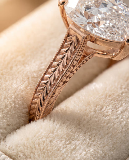 The Aida Hand Engraved Vintage Cathedral Solitaire Pear Engagement Ring Setting in 14K Rose Gold