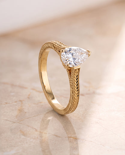 The Aida Hand Engraved Vintage Cathedral Solitaire Pear Engagement Ring Setting in 18K Yellow Gold