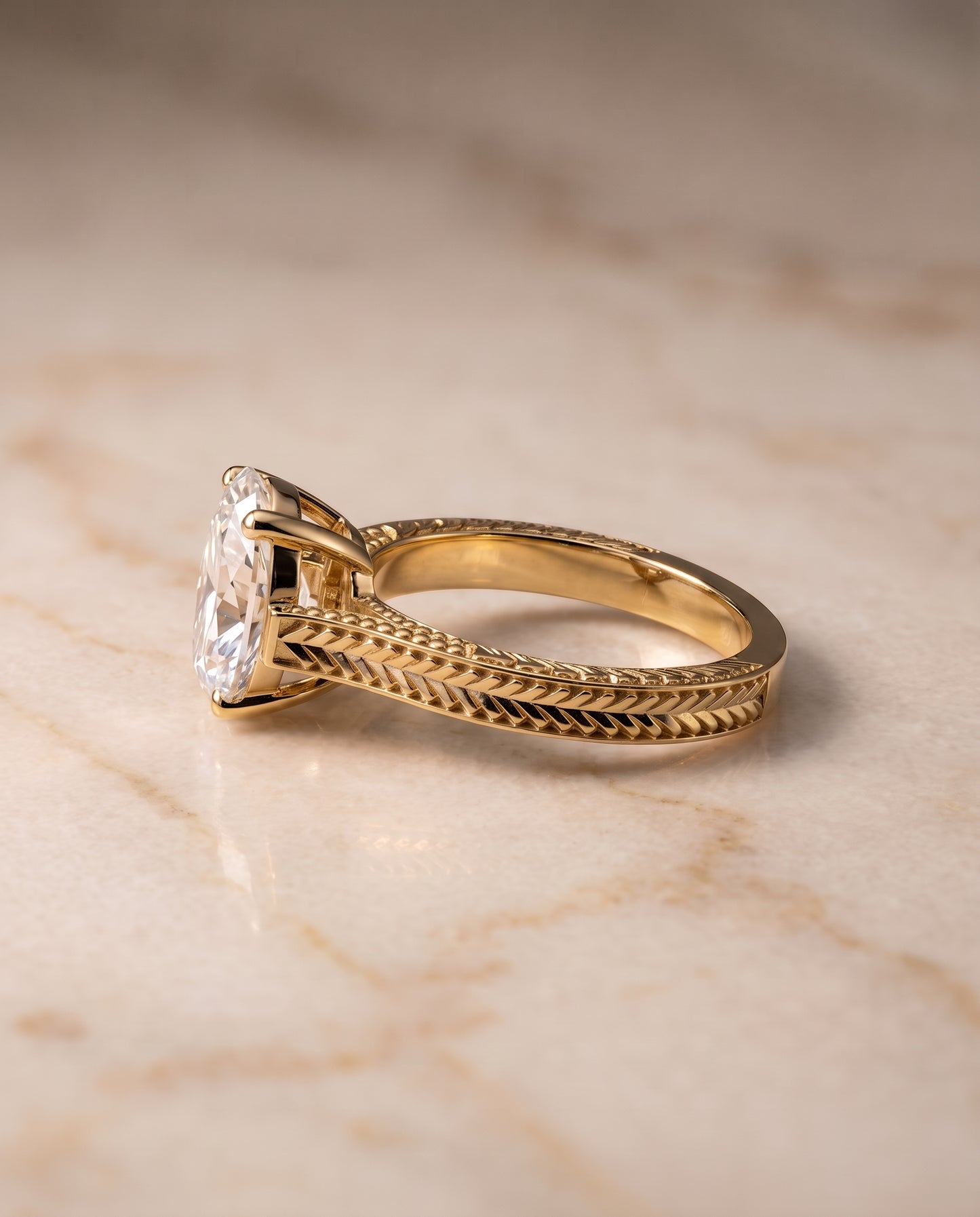 The Aida Hand Engraved Vintage Cathedral Solitaire Pear Engagement Ring Setting in 18K Yellow Gold