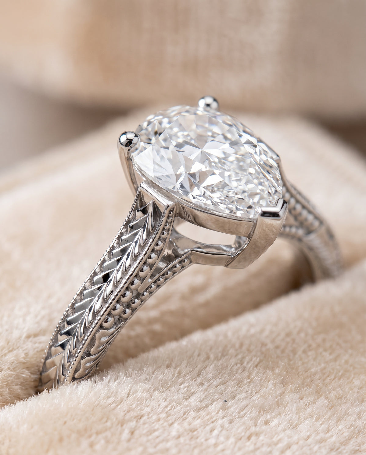 The Aida Hand Engraved Vintage Cathedral Solitaire Pear Engagement Ring Setting in Platinum