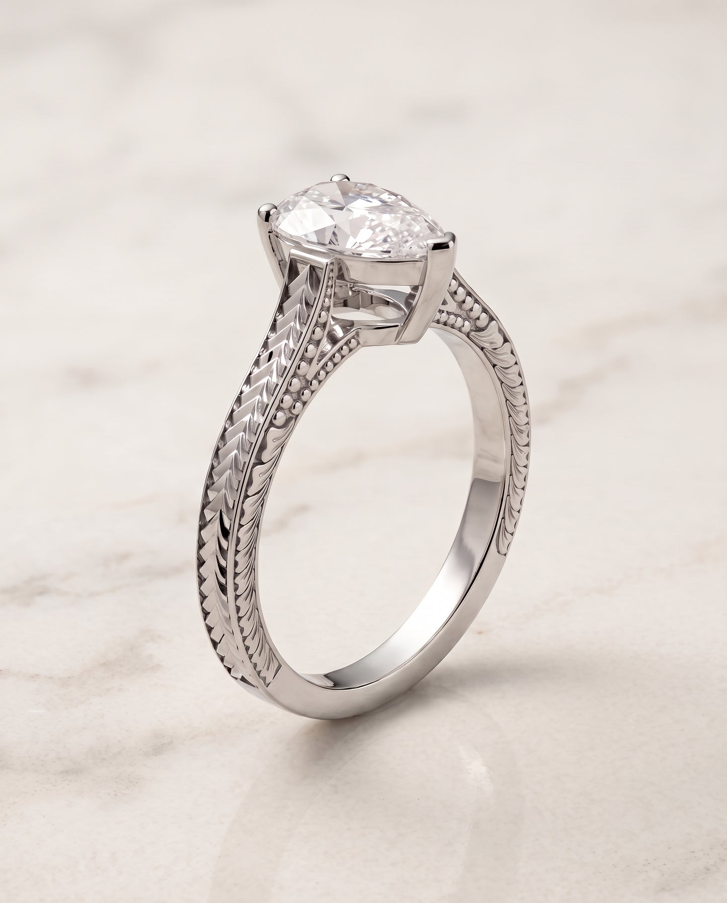 The Aida Hand Engraved Vintage Cathedral Solitaire Pear Engagement Ring Setting in Platinum