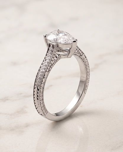 The Aida Hand Engraved Vintage Cathedral Solitaire Pear Engagement Ring Setting in Platinum