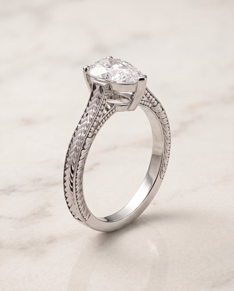 The Aida Hand Engraved Vintage Cathedral Solitaire Pear Engagement Ring Setting in Platinum
