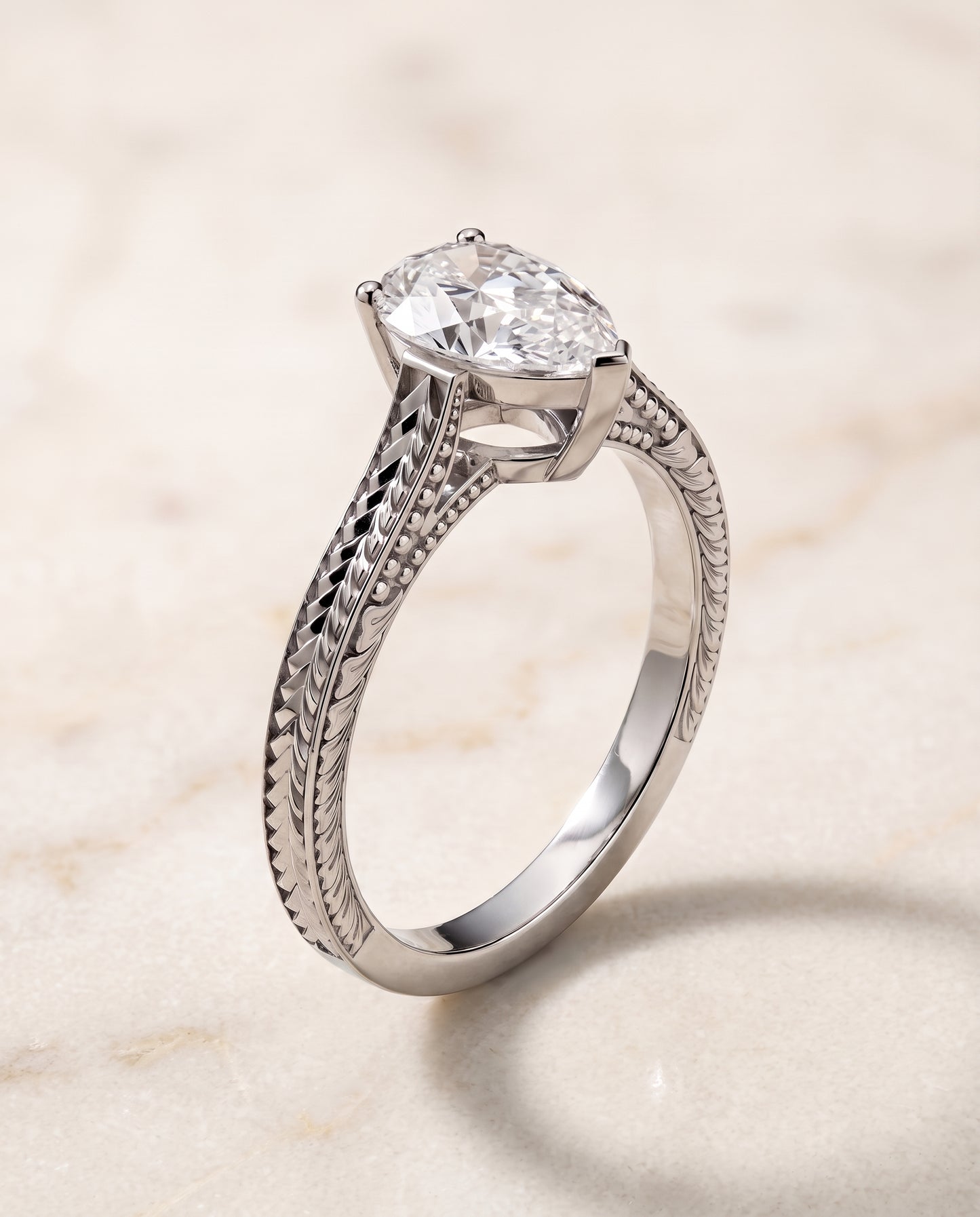 The Aida Hand Engraved Vintage Cathedral Solitaire Pear Engagement Ring Setting in Platinum