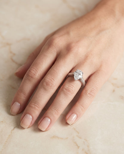 The Aida Hand Engraved Vintage Cathedral Solitaire Pear Engagement Ring Setting in Platinum