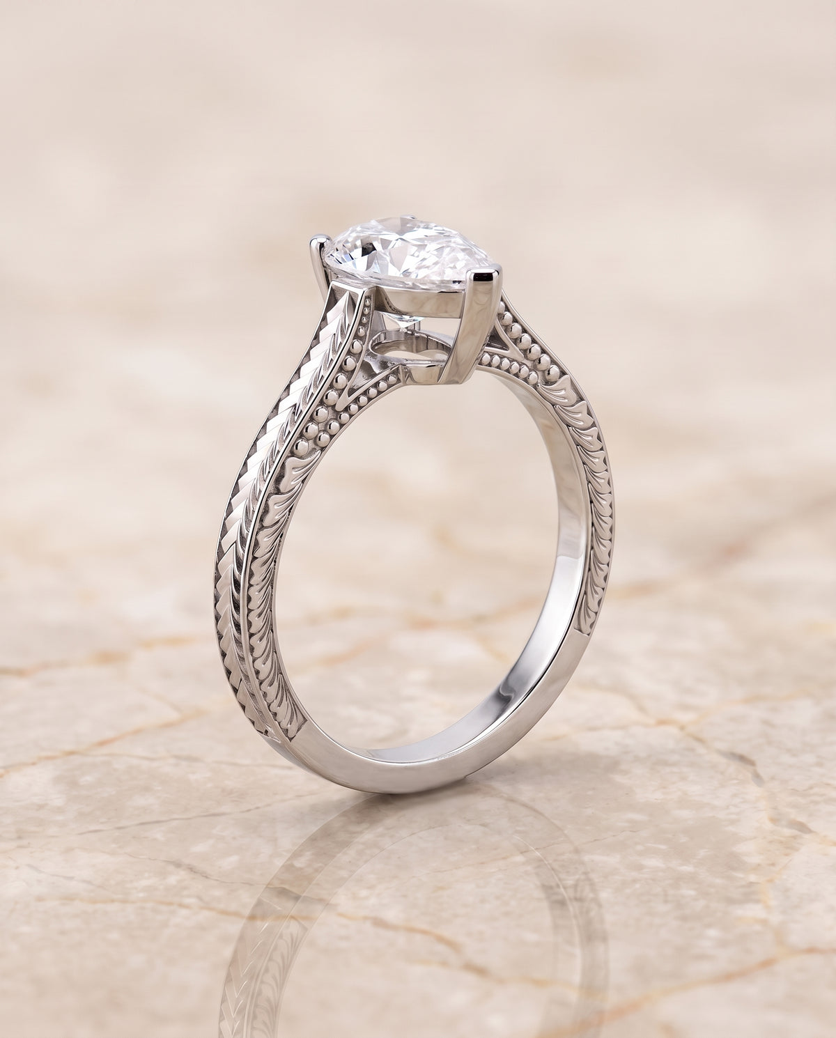 The Aida Hand Engraved Vintage Cathedral Solitaire Pear Engagement Ring Setting in Platinum