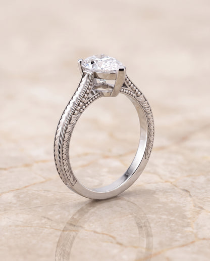 The Aida Hand Engraved Vintage Cathedral Solitaire Pear Engagement Ring Setting in Platinum