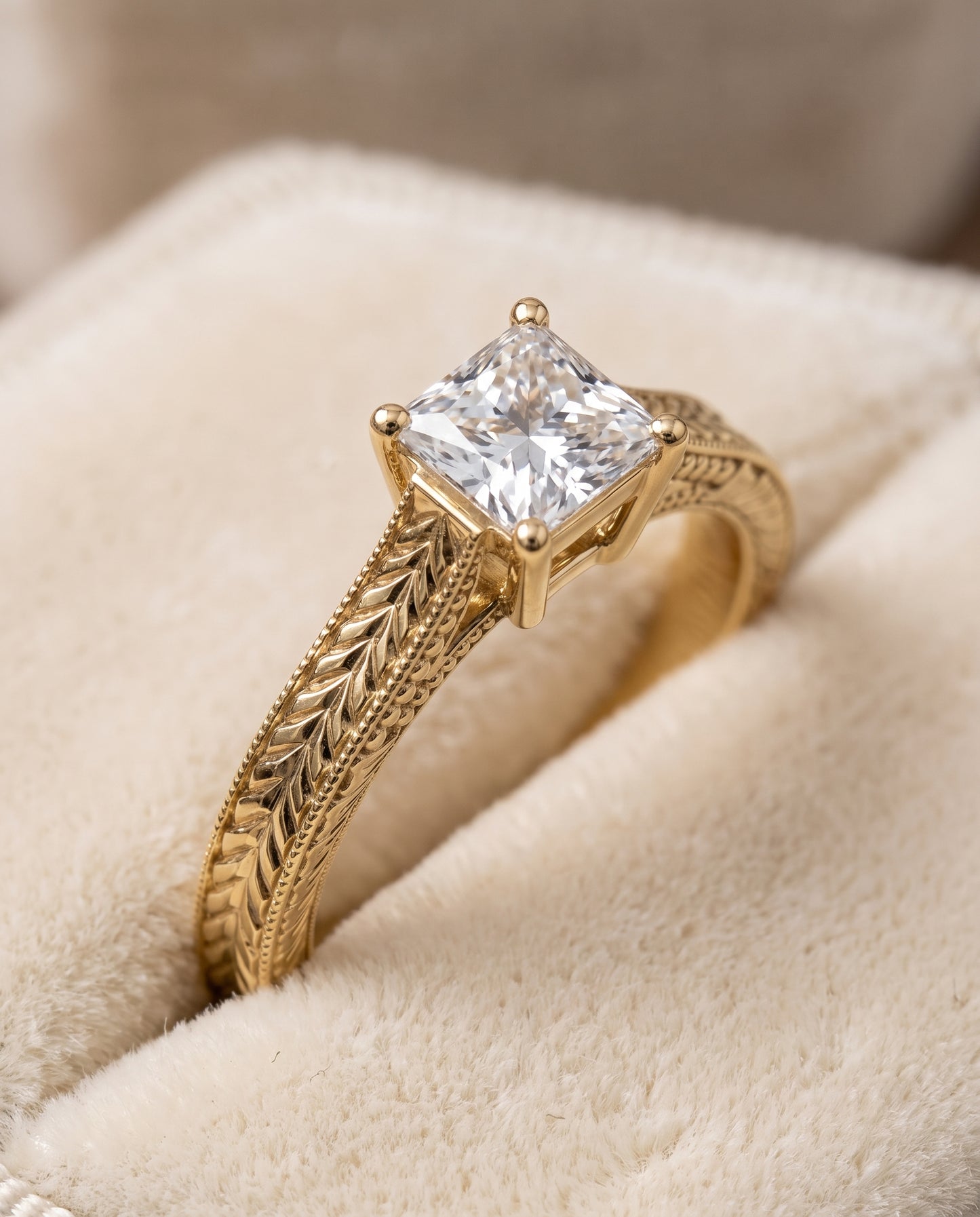 The Aida Hand Engraved Vintage Cathedral Solitaire Princess Cut Engagement Ring Setting in 18K Yellow Gold