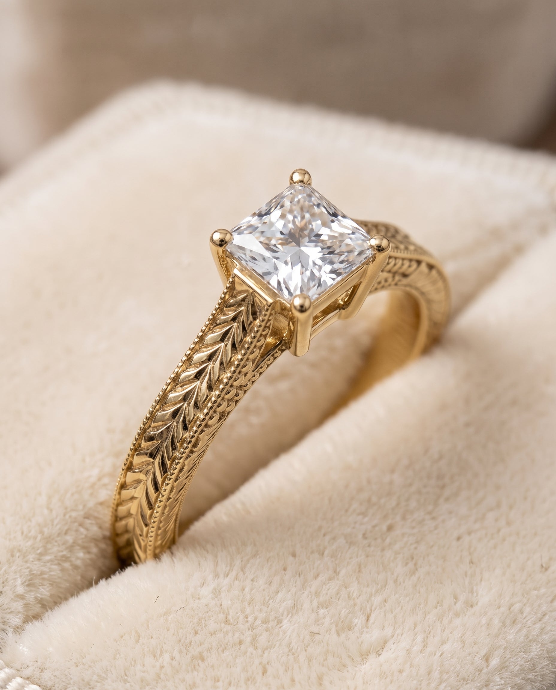The Aida Hand Engraved Vintage Cathedral Solitaire Princess Cut Engagement Ring Setting in 18K Yellow Gold