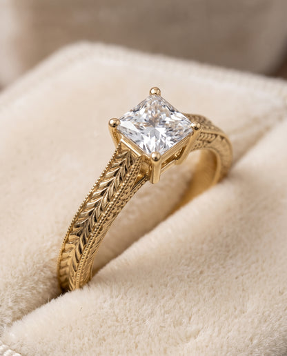 The Aida Hand Engraved Vintage Cathedral Solitaire Princess Cut Engagement Ring Setting in 18K Yellow Gold