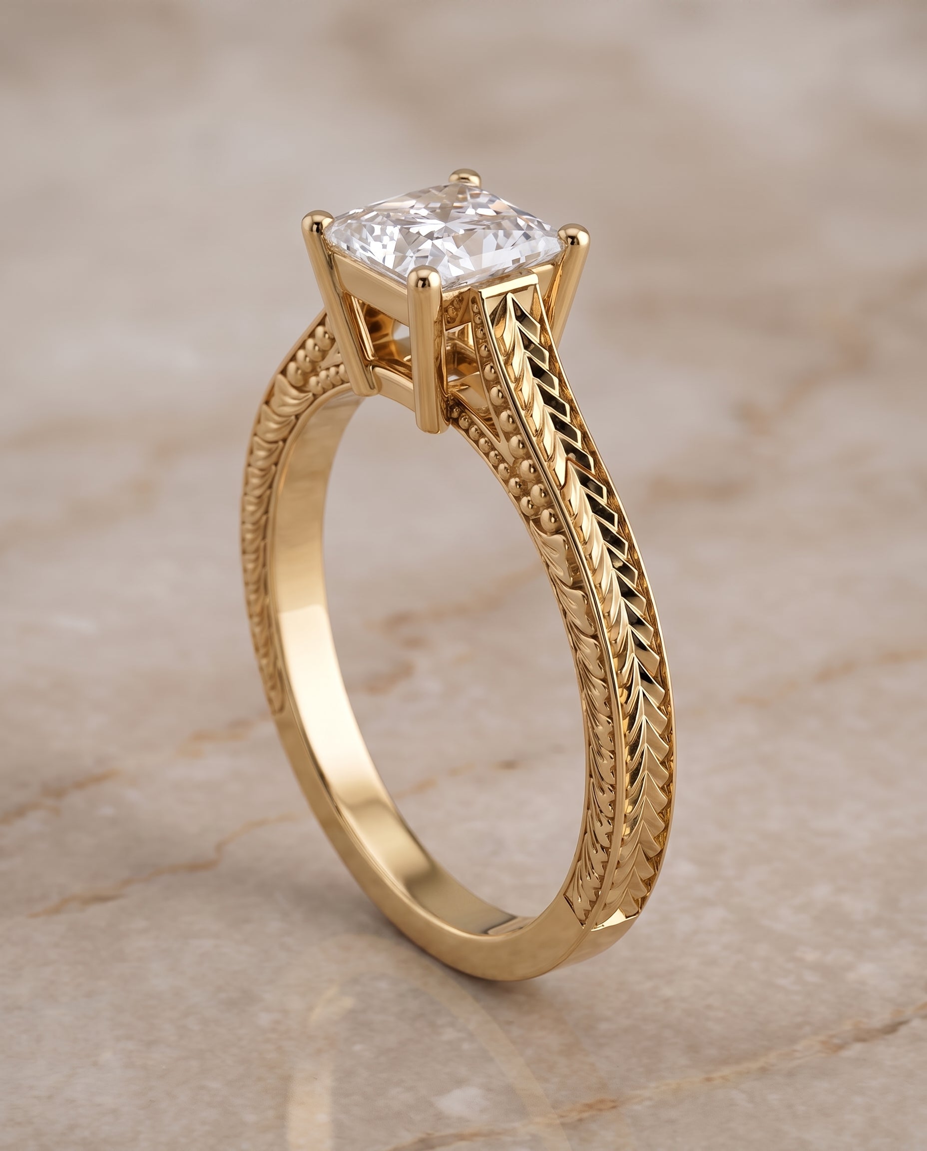 The Aida Hand Engraved Vintage Cathedral Solitaire Princess Cut Engagement Ring Setting in 18K Yellow Gold
