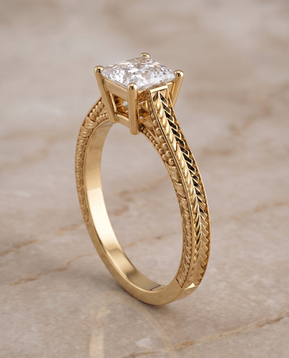 The Aida Hand Engraved Vintage Cathedral Solitaire Princess Cut Engagement Ring Setting in 18K Yellow Gold