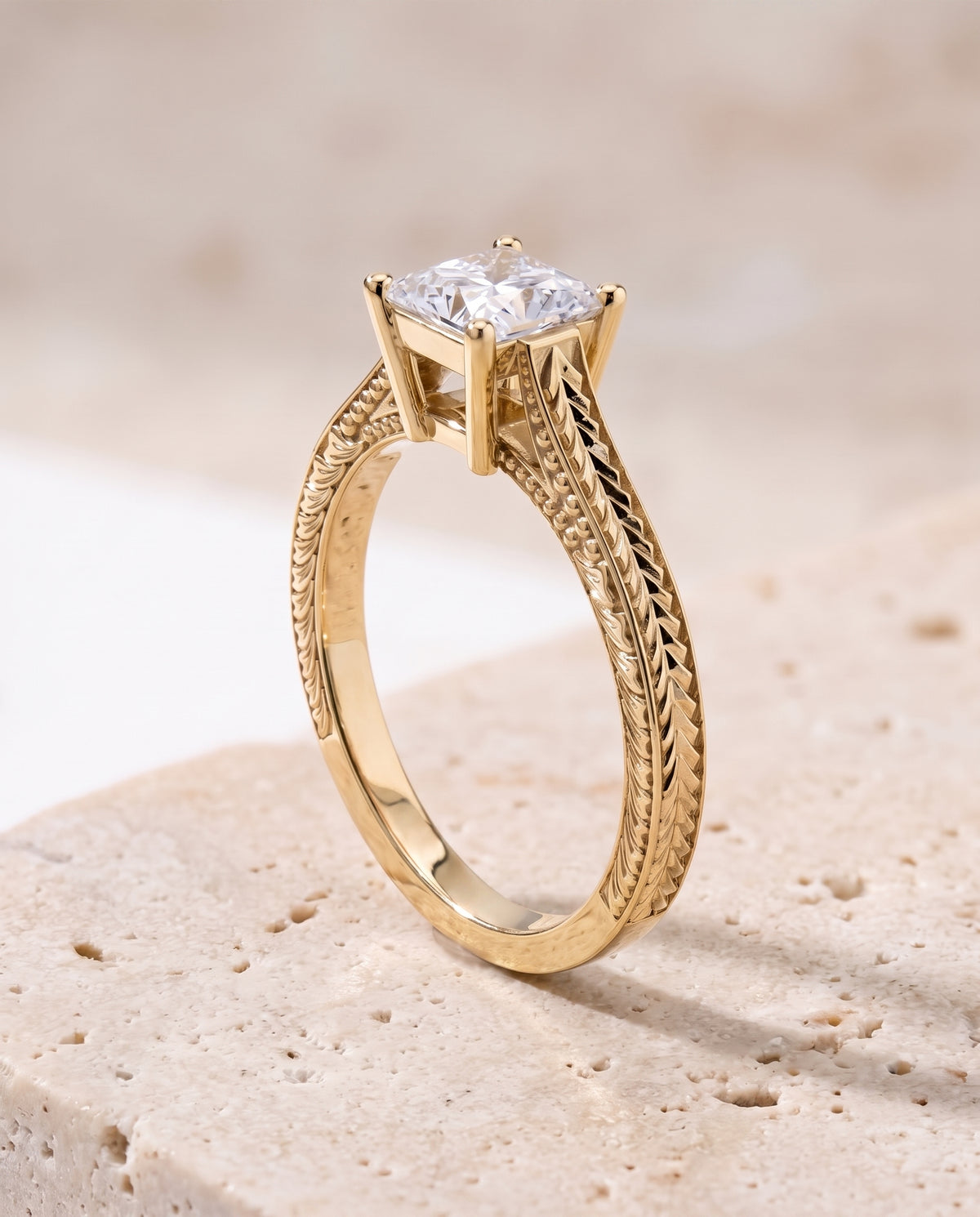 The Aida Hand Engraved Vintage Cathedral Solitaire Princess Cut Engagement Ring Setting in 18K Yellow Gold