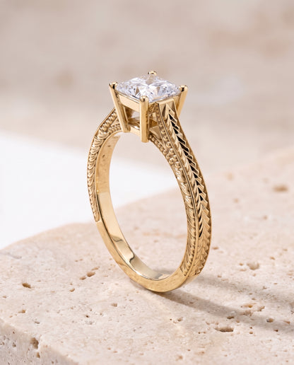 The Aida Hand Engraved Vintage Cathedral Solitaire Princess Cut Engagement Ring Setting in 18K Yellow Gold