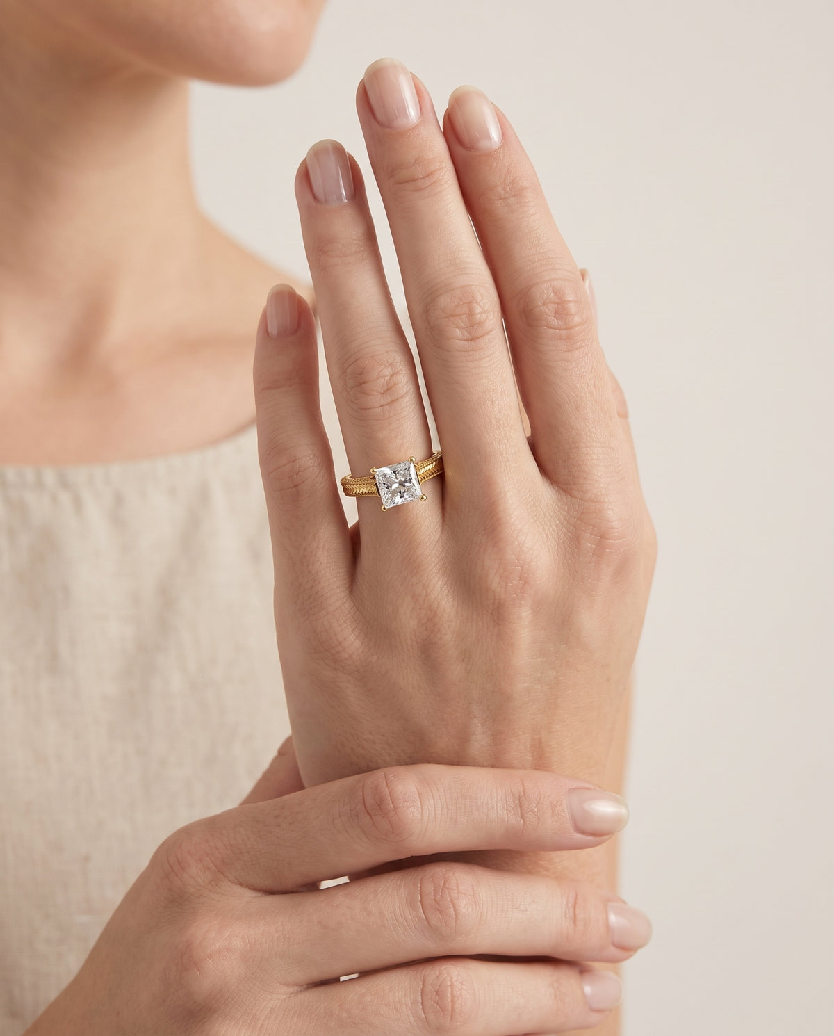 The Aida Hand Engraved Vintage Cathedral Solitaire Princess Cut Engagement Ring Setting in 18K Yellow Gold