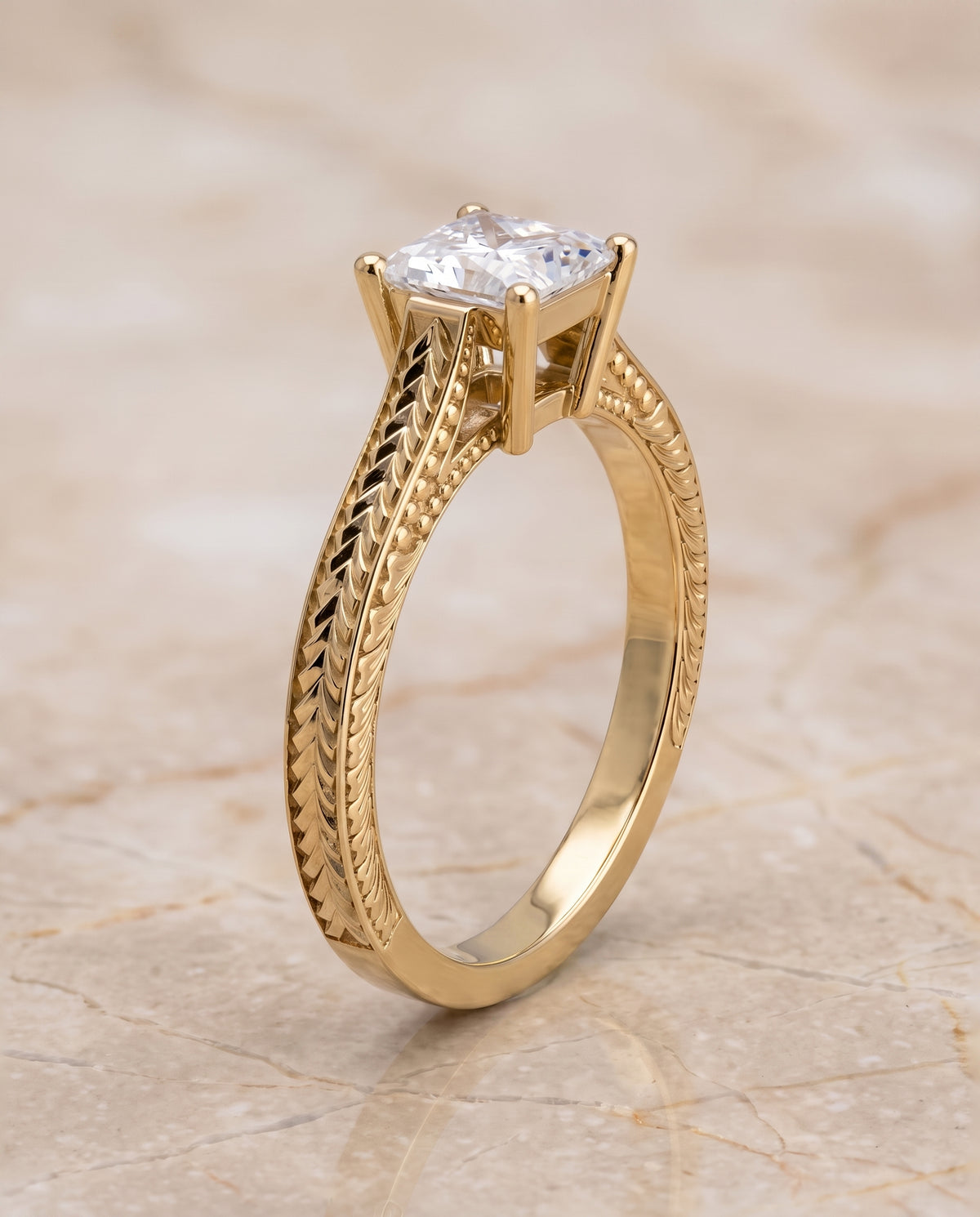 The Aida Hand Engraved Vintage Cathedral Solitaire Princess Cut Engagement Ring Setting in 18K Yellow Gold