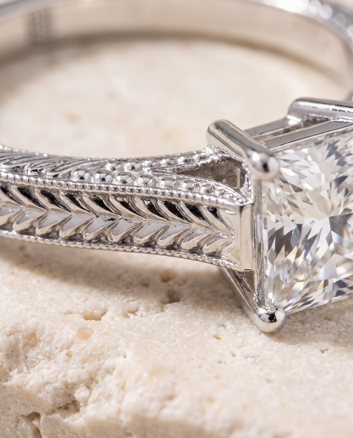 The Aida Hand Engraved Vintage Cathedral Solitaire Princess Cut Engagement Ring Setting in 18K White Gold