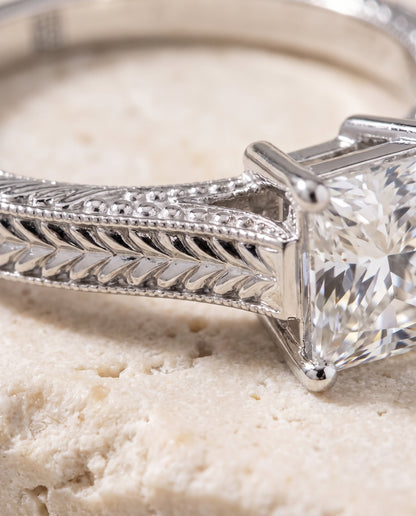 The Aida Hand Engraved Vintage Cathedral Solitaire Princess Cut Engagement Ring Setting in 18K White Gold