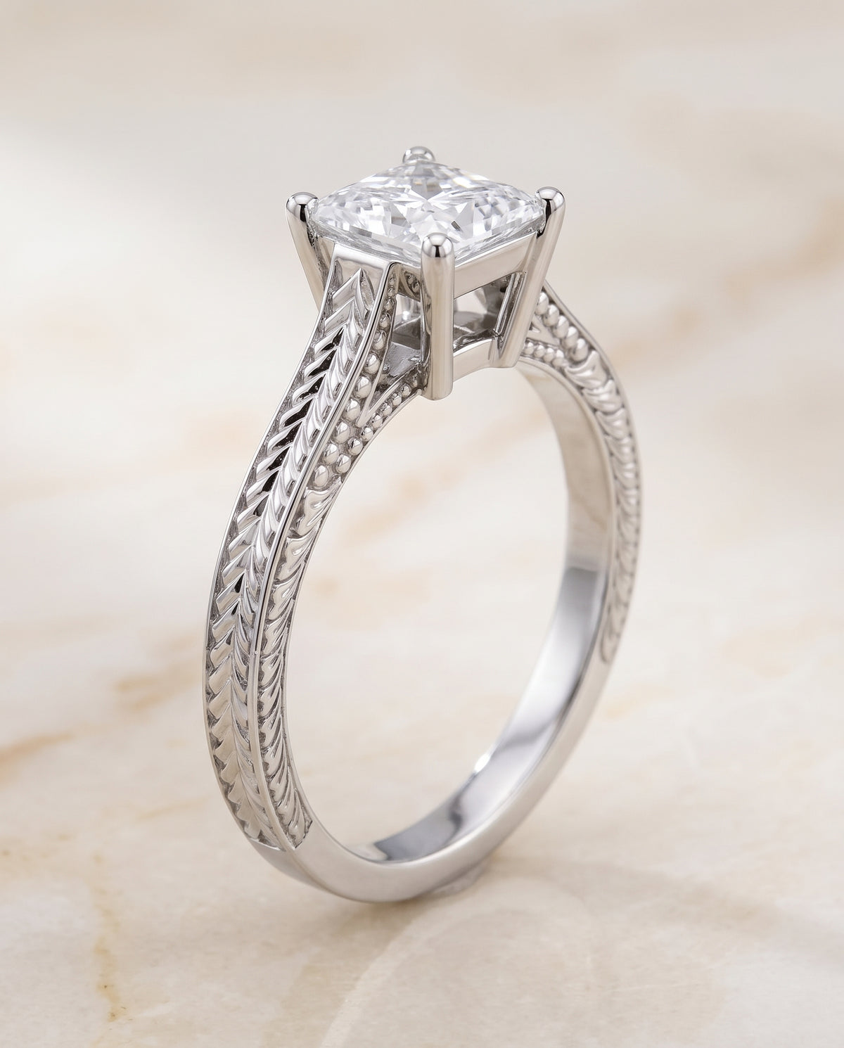 The Aida Hand Engraved Vintage Cathedral Solitaire Princess Cut Engagement Ring Setting in 18K White Gold