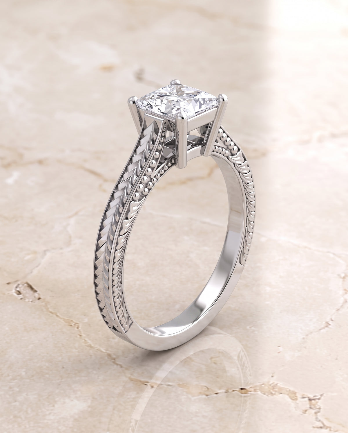 The Aida Hand Engraved Vintage Cathedral Solitaire Princess Cut Engagement Ring Setting in 18K White Gold