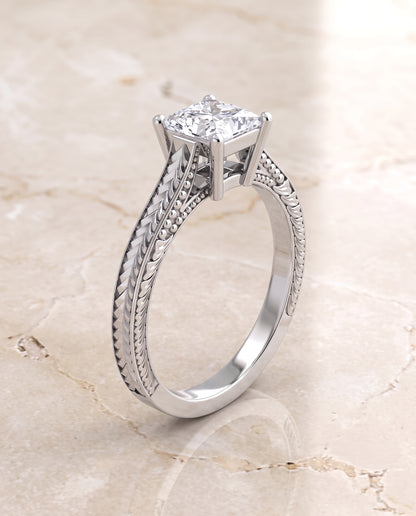 The Aida Hand Engraved Vintage Cathedral Solitaire Princess Cut Engagement Ring Setting in 18K White Gold