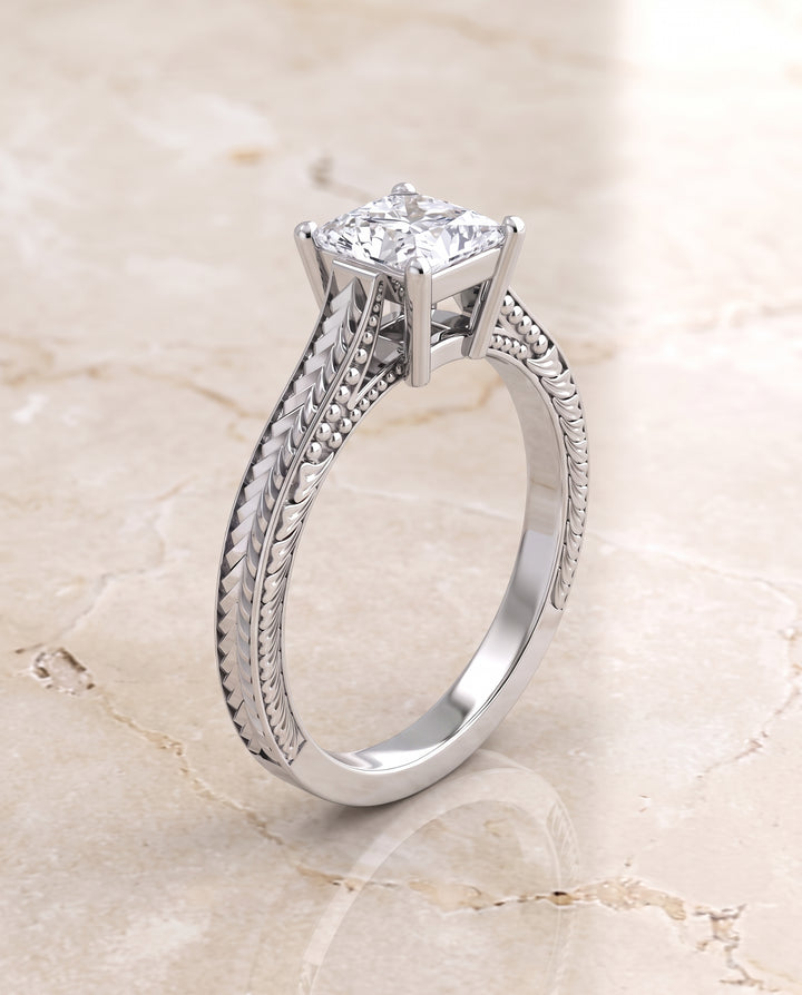 The Aida Hand Engraved Vintage Cathedral Solitaire Princess Cut Engagement Ring Setting in 18K White Gold