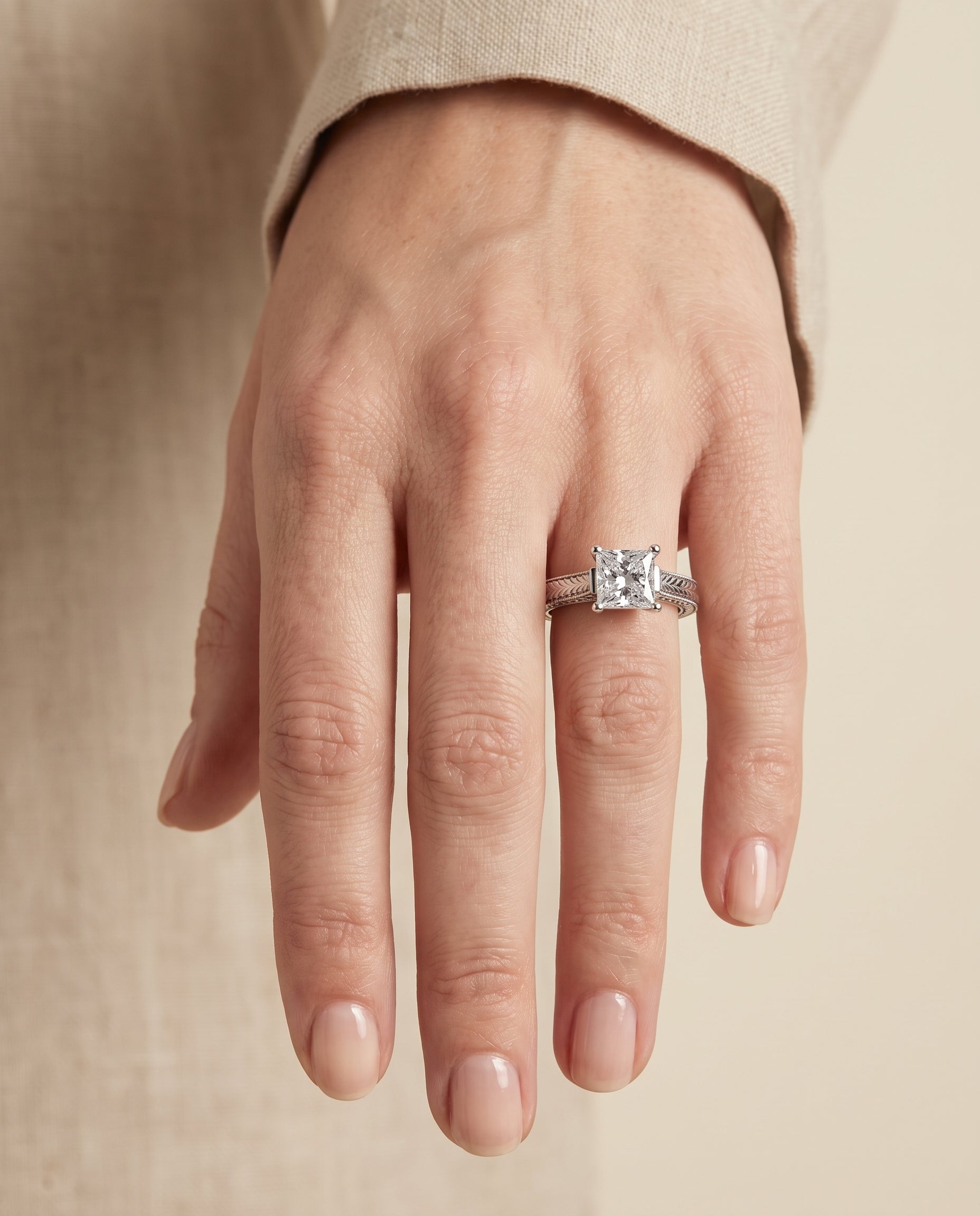 The Aida Hand Engraved Vintage Cathedral Solitaire Princess Cut Engagement Ring Setting in 18K White Gold