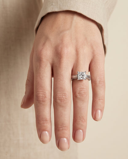 The Aida Hand Engraved Vintage Cathedral Solitaire Princess Cut Engagement Ring Setting in 18K White Gold