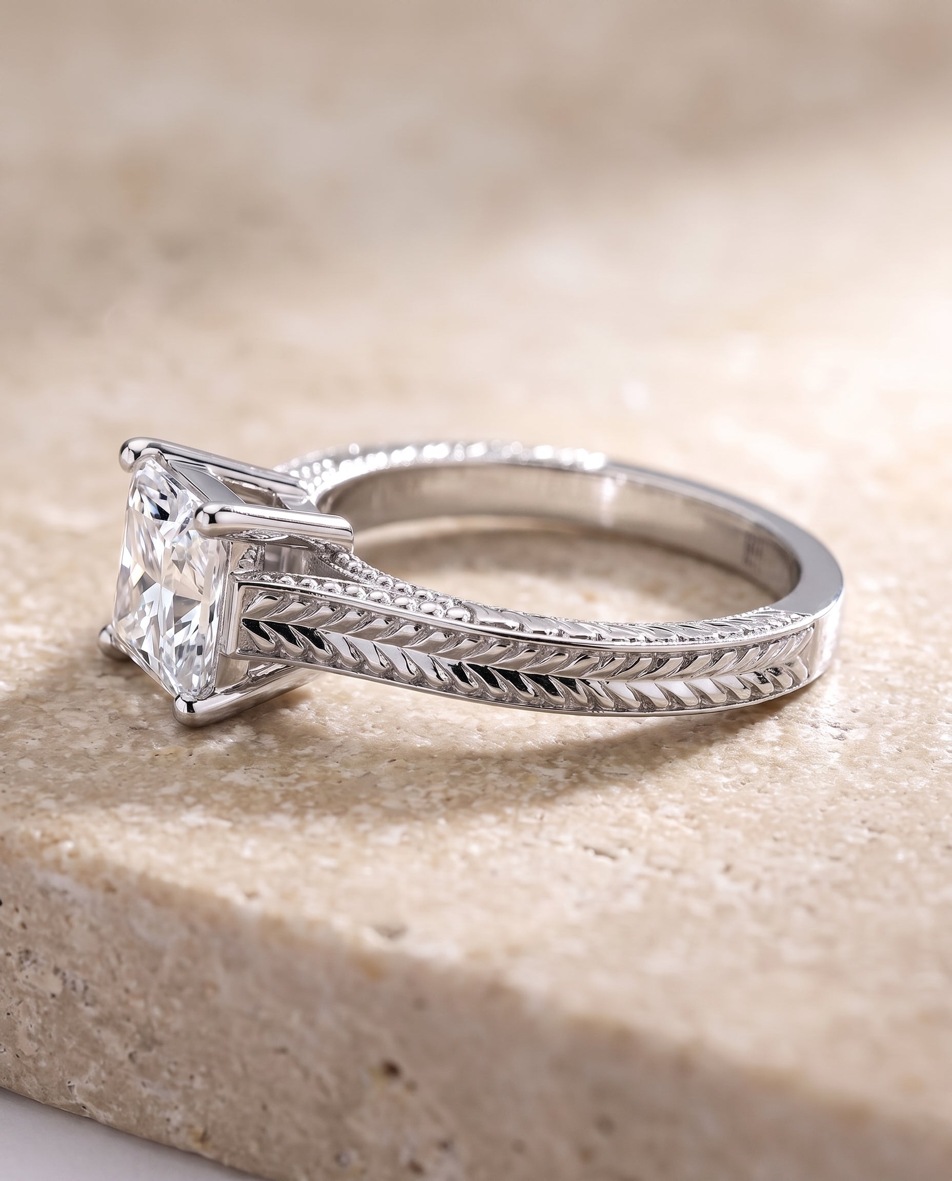 The Aida Hand Engraved Vintage Cathedral Solitaire Princess Cut Engagement Ring Setting in 18K White Gold