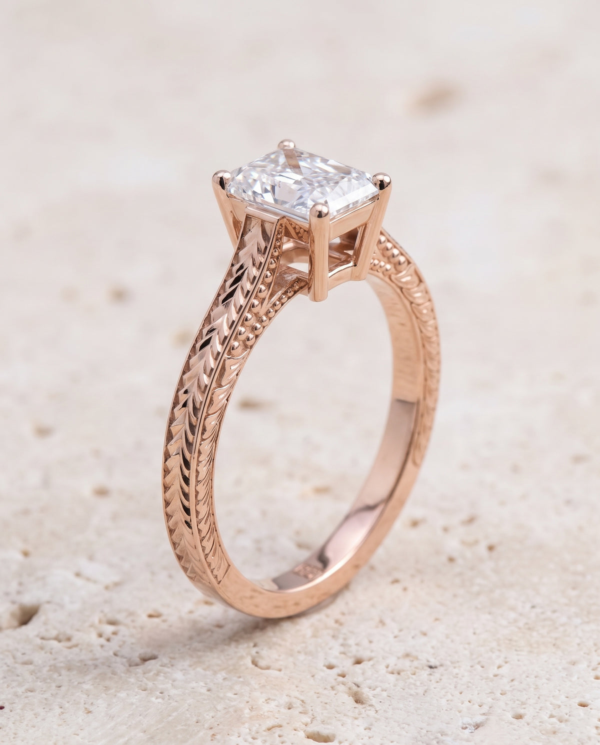 The Aida Hand Engraved Vintage Cathedral Solitaire Radiant Cut Engagement Ring Setting in 14K Rose Gold