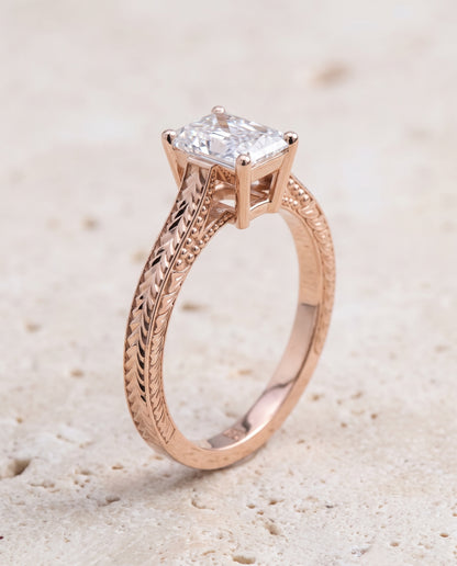 The Aida Hand Engraved Vintage Cathedral Solitaire Radiant Cut Engagement Ring Setting in 14K Rose Gold