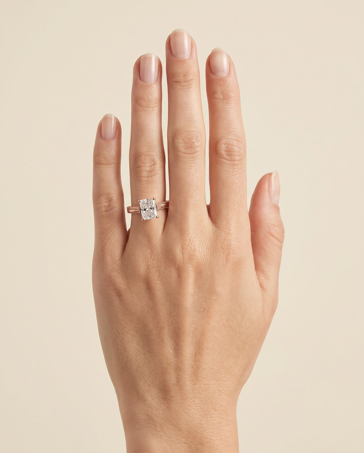 The Aida Hand Engraved Vintage Cathedral Solitaire Radiant Cut Engagement Ring Setting in 14K Rose Gold
