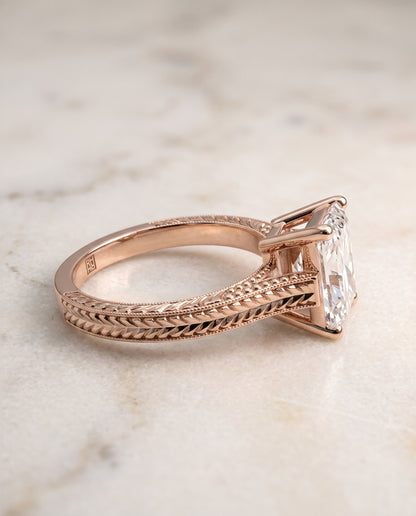The Aida Hand Engraved Vintage Cathedral Solitaire Radiant Cut Engagement Ring Setting in 14K Rose Gold