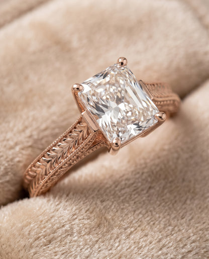 The Aida Hand Engraved Vintage Cathedral Solitaire Radiant Cut Engagement Ring Setting in 14K Rose Gold