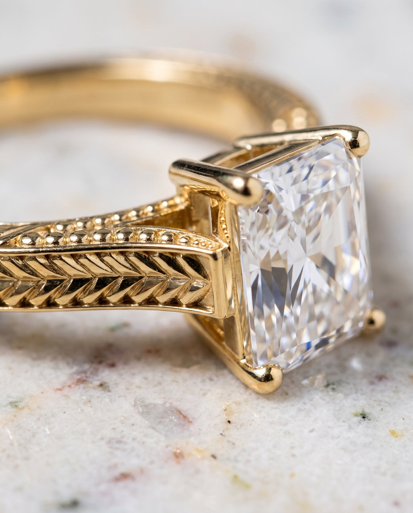 The Aida Hand Engraved Vintage Cathedral Solitaire Radiant Cut Engagement Ring Setting in 18K Yellow Gold